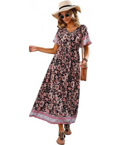 Women Boho Summer Floral Print Loose Casual Dress V Neck Short Sleeve Drawstring Waist Flowy Long Maxi Dresses 09 Hibiscus Bl...