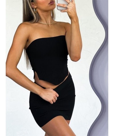 Women Y2k 2 Piece Mini Skirt Sets Solid Color Bandeau Top Knit Bodycon Short Skirt Suit Summer Streetwear A1-black $14.03 Suits