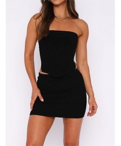 Women Y2k 2 Piece Mini Skirt Sets Solid Color Bandeau Top Knit Bodycon Short Skirt Suit Summer Streetwear A1-black $14.03 Suits