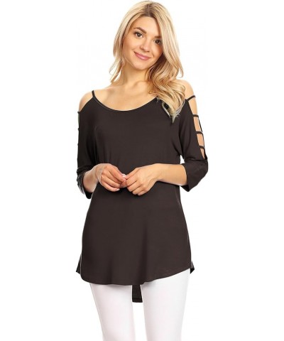 Women's Casual Loose Hollowed Out Shoulder Three Quarter Sleeve/Short Sleeve Semi-Loose Strappy Cold Shoulder Top Wt1803_brow...