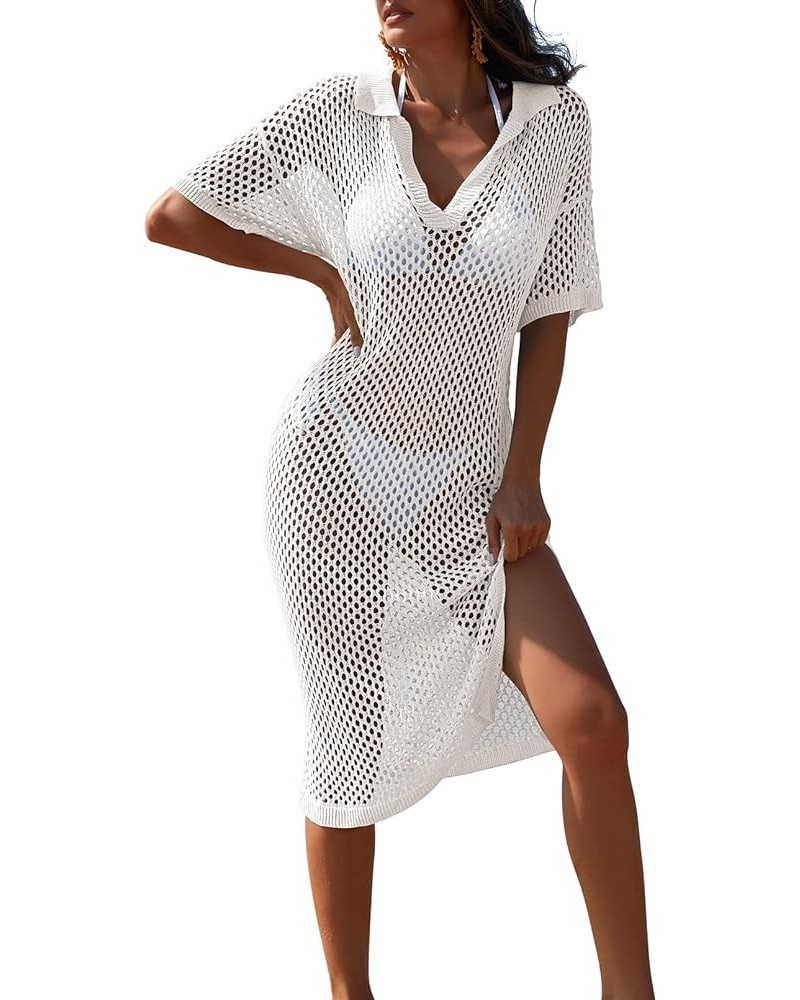 Women Swimsuit Crochet Swim Cover Up V Neck Hollow Out Long Bathing Suit Swimwear Knit Pullover Beach Dress White $20.64 Swim...