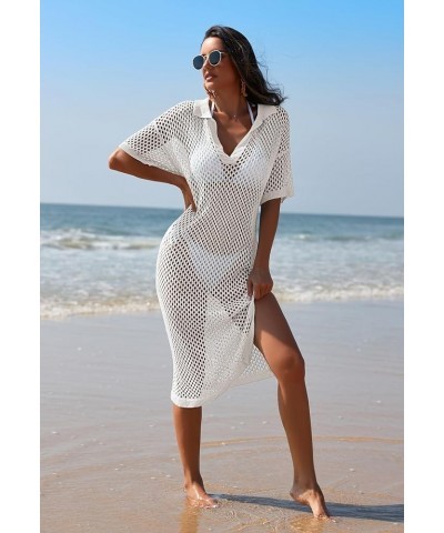 Women Swimsuit Crochet Swim Cover Up V Neck Hollow Out Long Bathing Suit Swimwear Knit Pullover Beach Dress White $20.64 Swim...