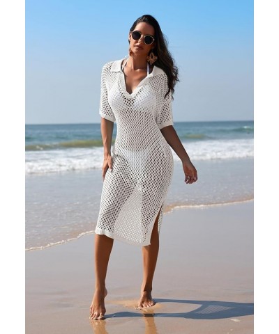 Women Swimsuit Crochet Swim Cover Up V Neck Hollow Out Long Bathing Suit Swimwear Knit Pullover Beach Dress White $20.64 Swim...