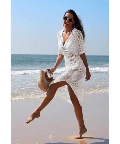 Women Swimsuit Crochet Swim Cover Up V Neck Hollow Out Long Bathing Suit Swimwear Knit Pullover Beach Dress White $20.64 Swim...