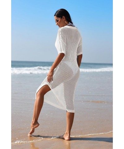 Women Swimsuit Crochet Swim Cover Up V Neck Hollow Out Long Bathing Suit Swimwear Knit Pullover Beach Dress White $20.64 Swim...