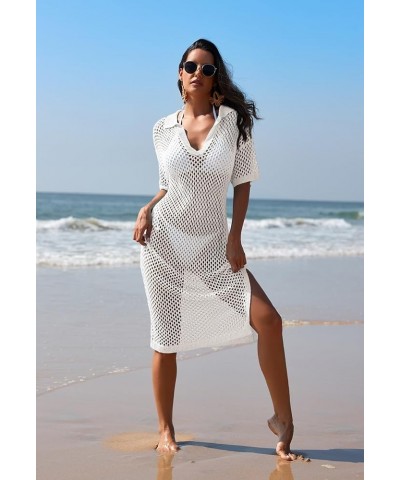 Women Swimsuit Crochet Swim Cover Up V Neck Hollow Out Long Bathing Suit Swimwear Knit Pullover Beach Dress White $20.64 Swim...