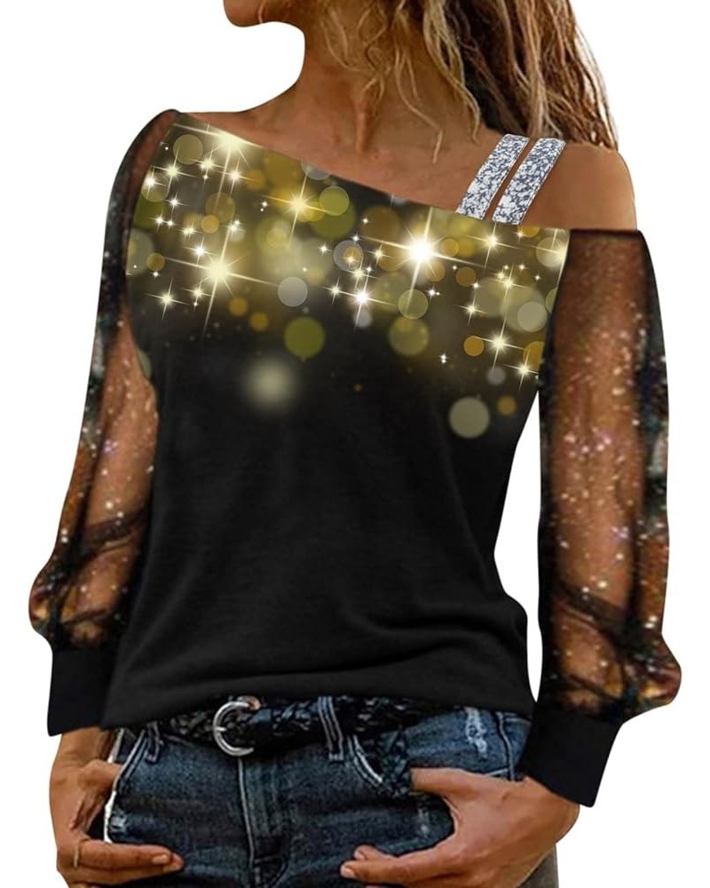 Women Fashion Shiny Printing Mesh Long Sleeve Off Shoulder Splice T-Shirt Glitter Blouse Party Club Loose Shirt 7043yellow $9...