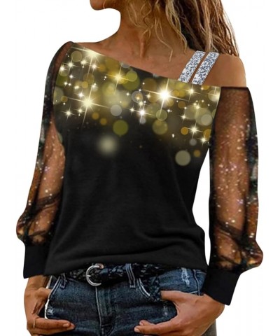 Women Fashion Shiny Printing Mesh Long Sleeve Off Shoulder Splice T-Shirt Glitter Blouse Party Club Loose Shirt 7043yellow $9...