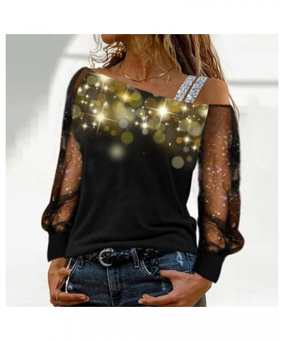 Women Fashion Shiny Printing Mesh Long Sleeve Off Shoulder Splice T-Shirt Glitter Blouse Party Club Loose Shirt 7043yellow $9...