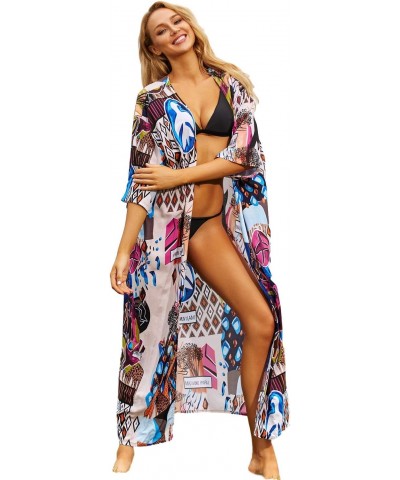 swimsuit cover up Kimonos for women kimono beach boho kimono beach cover up Geometry print long kimonos open front plus size ...