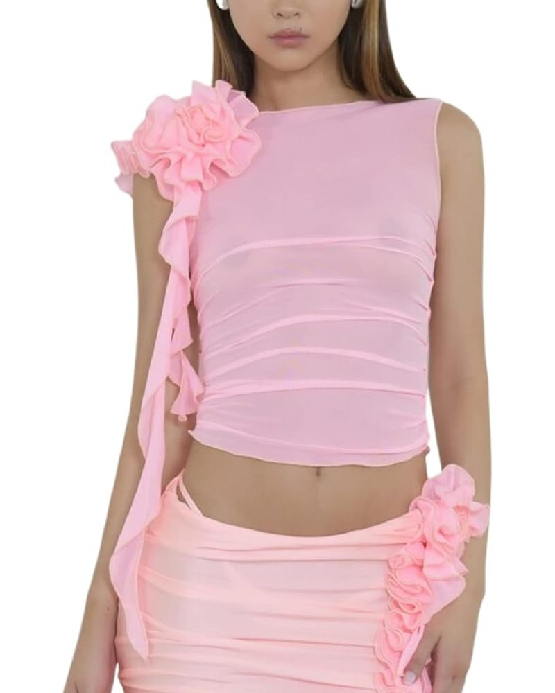 Y2k 3D Flowers Mesh Sheer Fringe Crop Top See Through Tassle Tanks Tops Slim Fit Frill Camis Streetwear for Womens A-pink $7....