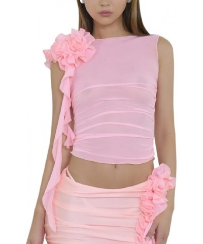 Y2k 3D Flowers Mesh Sheer Fringe Crop Top See Through Tassle Tanks Tops Slim Fit Frill Camis Streetwear for Womens A-pink $7....