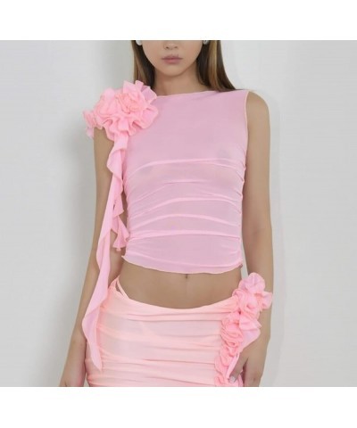 Y2k 3D Flowers Mesh Sheer Fringe Crop Top See Through Tassle Tanks Tops Slim Fit Frill Camis Streetwear for Womens A-pink $7....