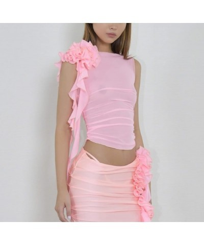 Y2k 3D Flowers Mesh Sheer Fringe Crop Top See Through Tassle Tanks Tops Slim Fit Frill Camis Streetwear for Womens A-pink $7....