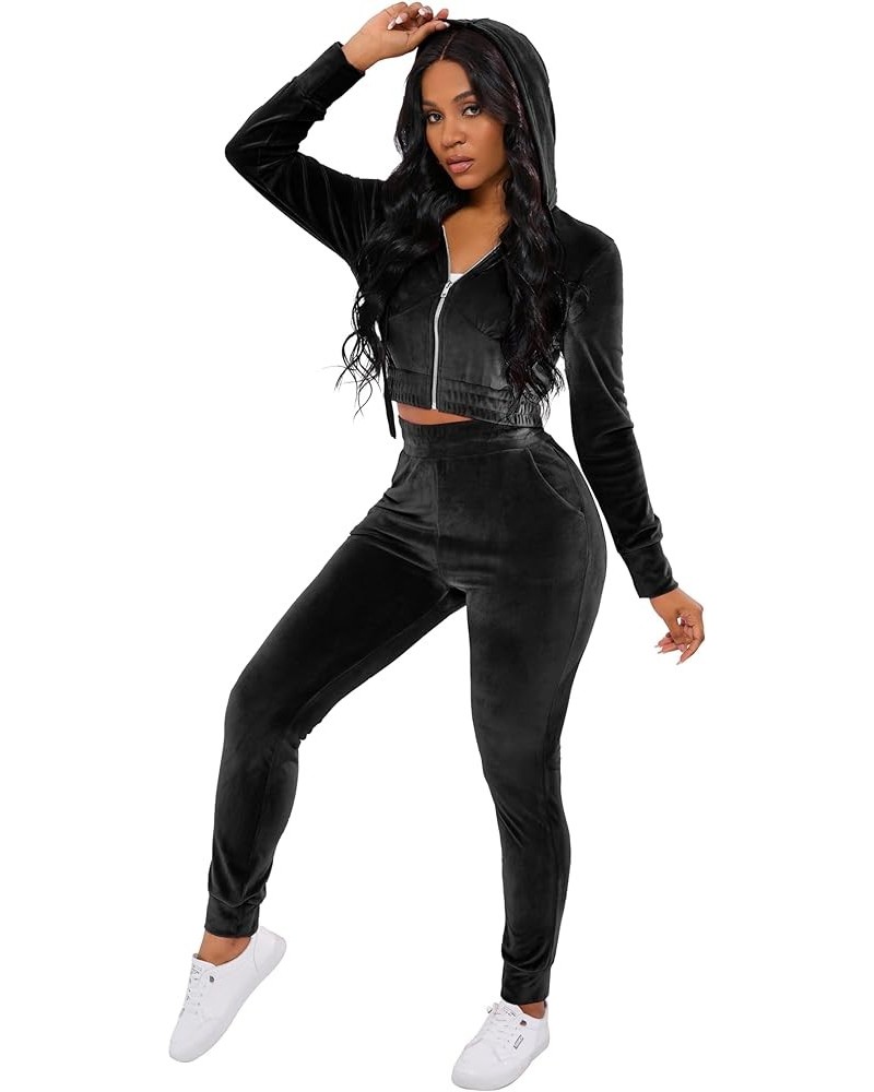 2 Piece Outfits Velour Tracksuit For Women Zip Up Hoodie Velvet Jogging Sweatsuit Workout Sets A Black $21.72 Activewear