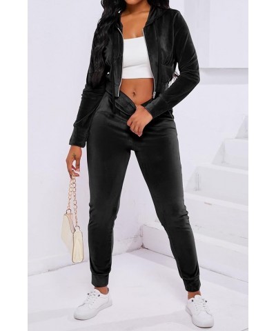 2 Piece Outfits Velour Tracksuit For Women Zip Up Hoodie Velvet Jogging Sweatsuit Workout Sets A Black $21.72 Activewear