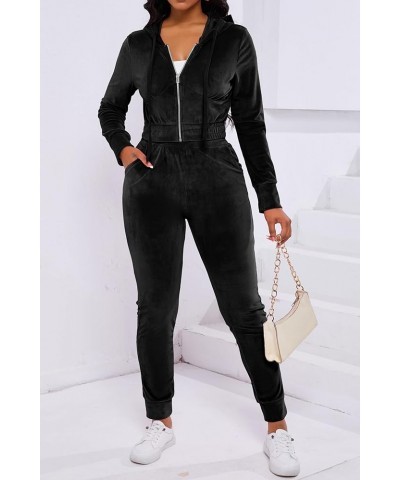 2 Piece Outfits Velour Tracksuit For Women Zip Up Hoodie Velvet Jogging Sweatsuit Workout Sets A Black $21.72 Activewear