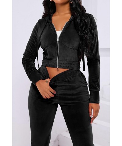 2 Piece Outfits Velour Tracksuit For Women Zip Up Hoodie Velvet Jogging Sweatsuit Workout Sets A Black $21.72 Activewear