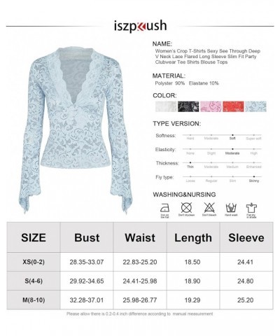 Women’s Crop T-Shirts Sexy See Through Deep V Neck Lace FlaBrown Long Sleeve Slim Fit Party Clubwear Tee Shirts Blouse Tops S...