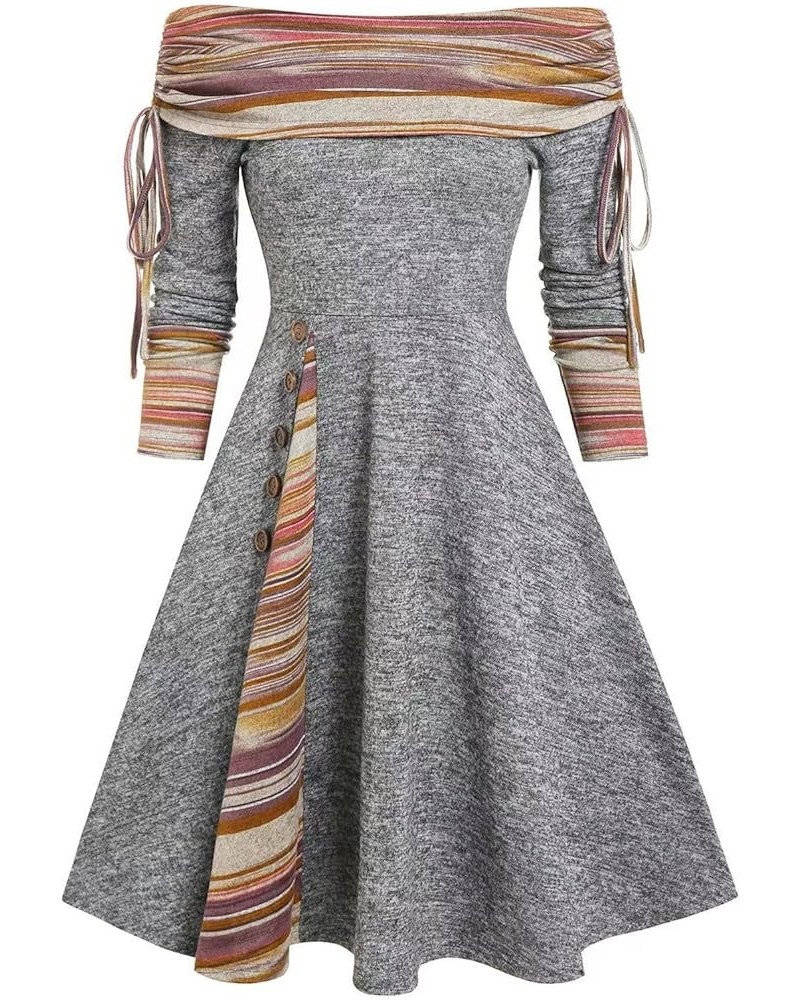 Women's Fashion Casual Waist Wide Hem Off Shoulder Long Sleeve A-Line Dress Gray-3 $11.69 Dresses