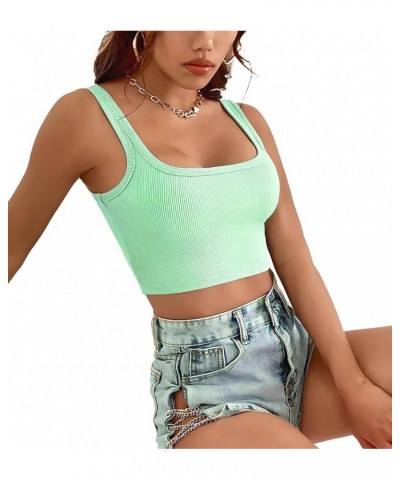 Women's Sleeveless Ribbed Crop Tank Top Scoop Neck Fitted Sexy Gym Workout Shirt Made in USA Mint Green $10.32 Tanks