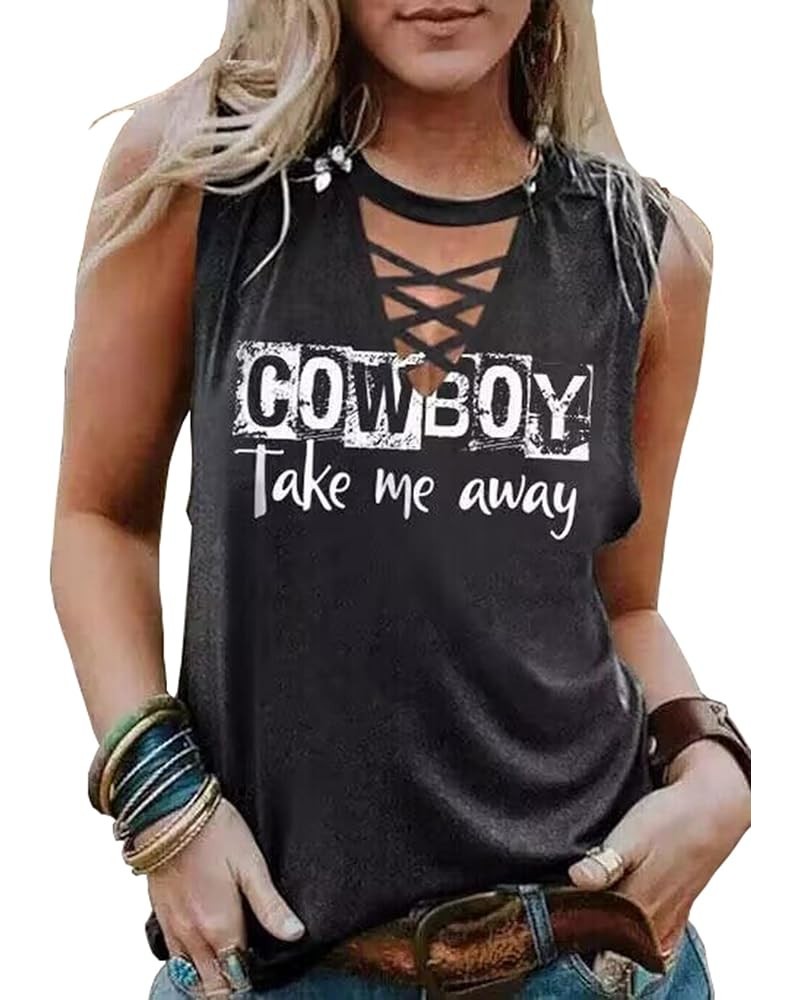 Cowboy Take Me Away Tank Tops Women Vintage Country Music Shirts Cowgirl Sleeveless Tanks Criss-Cross Neck Print Tops Dark Gr...