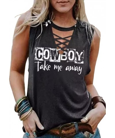 Cowboy Take Me Away Tank Tops Women Vintage Country Music Shirts Cowgirl Sleeveless Tanks Criss-Cross Neck Print Tops Dark Gr...