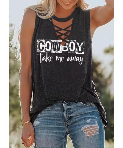 Cowboy Take Me Away Tank Tops Women Vintage Country Music Shirts Cowgirl Sleeveless Tanks Criss-Cross Neck Print Tops Dark Gr...