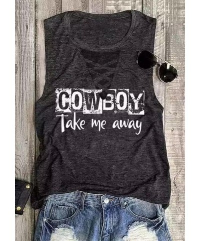 Cowboy Take Me Away Tank Tops Women Vintage Country Music Shirts Cowgirl Sleeveless Tanks Criss-Cross Neck Print Tops Dark Gr...