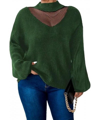 Women's Plus Size Mock Neck Contrast Mesh Long Sleeve Pullovers Sweater Green $16.79 Sweaters