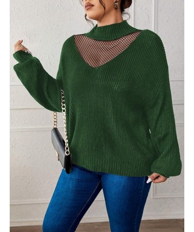 Women's Plus Size Mock Neck Contrast Mesh Long Sleeve Pullovers Sweater Green $16.79 Sweaters