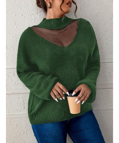 Women's Plus Size Mock Neck Contrast Mesh Long Sleeve Pullovers Sweater Green $16.79 Sweaters