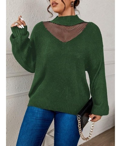 Women's Plus Size Mock Neck Contrast Mesh Long Sleeve Pullovers Sweater Green $16.79 Sweaters