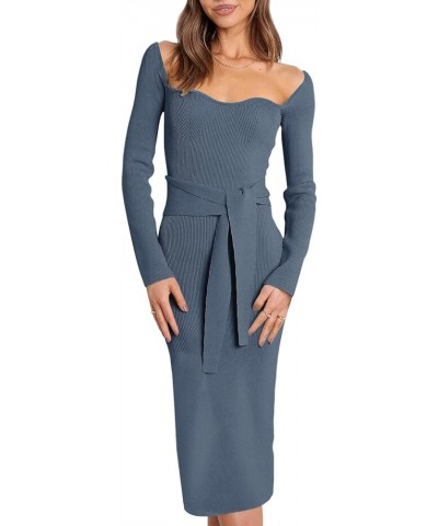 Women's Sweater Dress 2023 Fall Long Sleeve Sweetheart Neck Tie Waist Slim Knit Midi Bodycon Dresses Dusty Blue-02 $13.49 Swe...