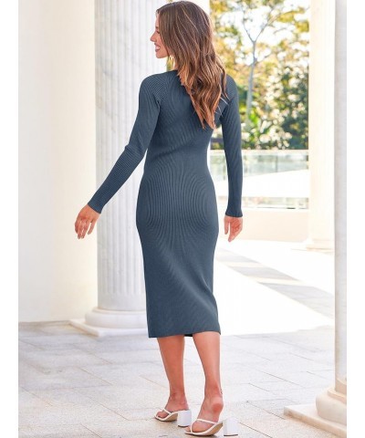 Women's Sweater Dress 2023 Fall Long Sleeve Sweetheart Neck Tie Waist Slim Knit Midi Bodycon Dresses Dusty Blue-02 $13.49 Swe...