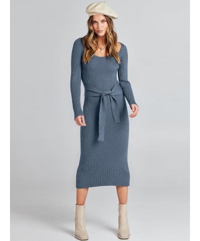 Women's Sweater Dress 2023 Fall Long Sleeve Sweetheart Neck Tie Waist Slim Knit Midi Bodycon Dresses Dusty Blue-02 $13.49 Swe...