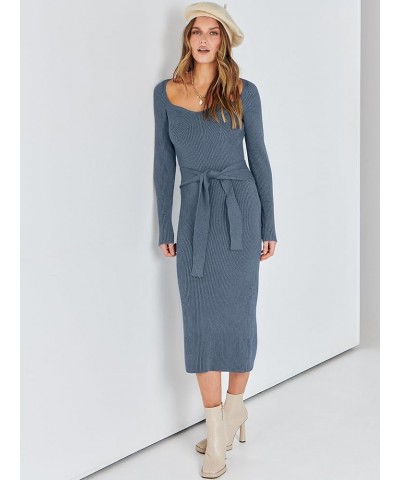 Women's Sweater Dress 2023 Fall Long Sleeve Sweetheart Neck Tie Waist Slim Knit Midi Bodycon Dresses Dusty Blue-02 $13.49 Swe...