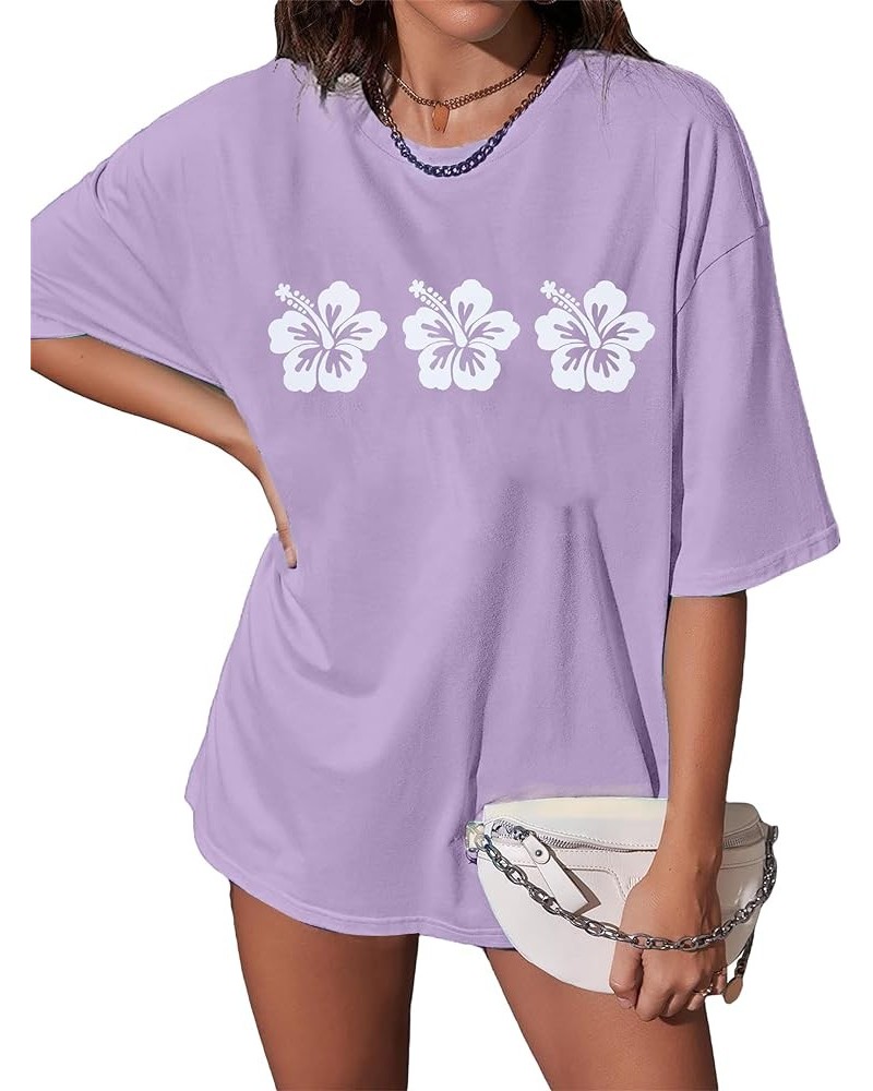 Hawaiian Flower Shirt Womens Hibiscus Flower Tshirt Hawaii Vacation Shirt Summer Holiday Tee Beach Party Oversized Top Purple...