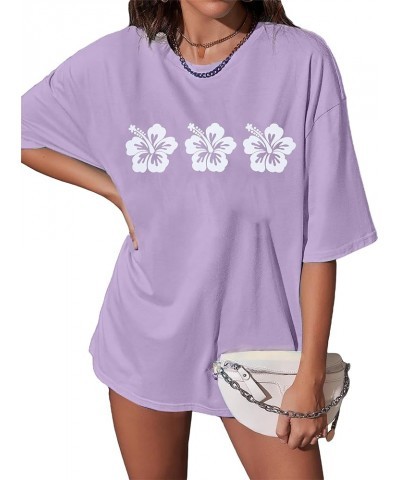 Hawaiian Flower Shirt Womens Hibiscus Flower Tshirt Hawaii Vacation Shirt Summer Holiday Tee Beach Party Oversized Top Purple...