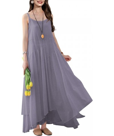 2023 Summer Dresses for Women Empire Solid Flowy Spaghetti Strap Maxi Dress Two Layers Irregular Hemline M00 Ash Purple $20.1...