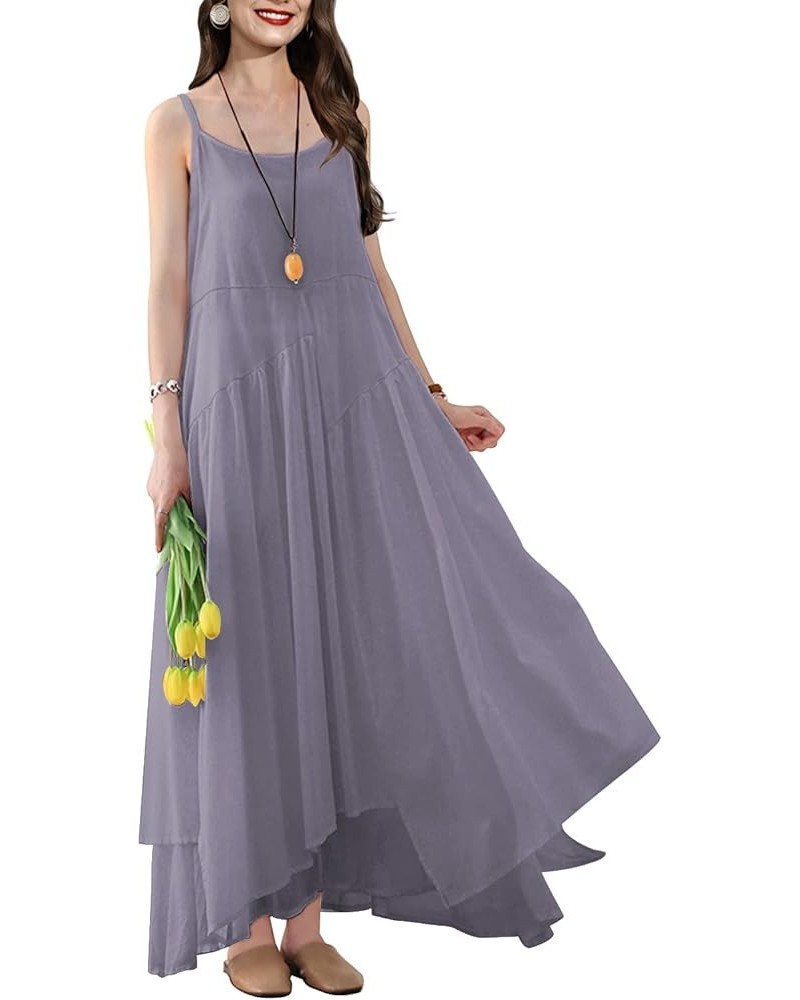 2023 Summer Dresses for Women Empire Solid Flowy Spaghetti Strap Maxi Dress Two Layers Irregular Hemline M00 Ash Purple $20.1...