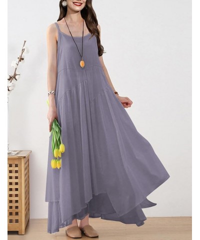 2023 Summer Dresses for Women Empire Solid Flowy Spaghetti Strap Maxi Dress Two Layers Irregular Hemline M00 Ash Purple $20.1...