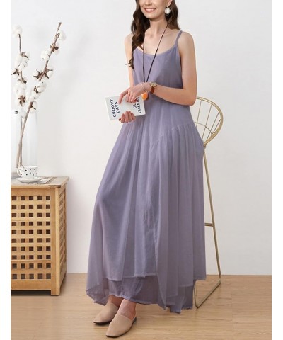 2023 Summer Dresses for Women Empire Solid Flowy Spaghetti Strap Maxi Dress Two Layers Irregular Hemline M00 Ash Purple $20.1...