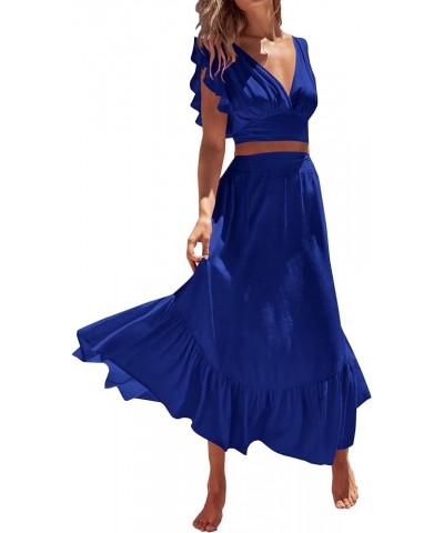 Women's Boho 2 Piece Outfits Polka Dots V Neck Crop Top and Elastic Waist Skirt Sets Solid Royal Blue $23.39 Suits