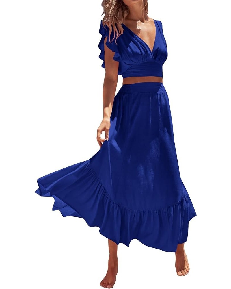 Women's Boho 2 Piece Outfits Polka Dots V Neck Crop Top and Elastic Waist Skirt Sets Solid Royal Blue $23.39 Suits