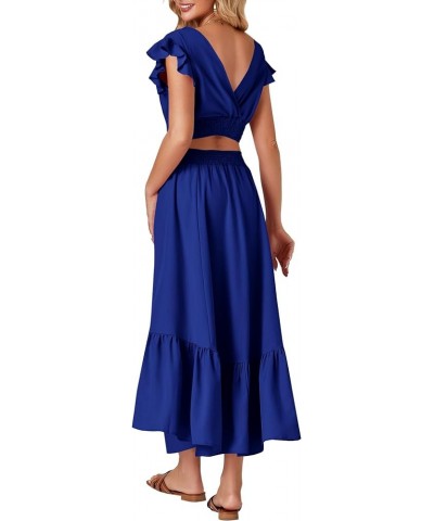 Women's Boho 2 Piece Outfits Polka Dots V Neck Crop Top and Elastic Waist Skirt Sets Solid Royal Blue $23.39 Suits