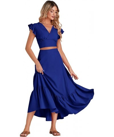 Women's Boho 2 Piece Outfits Polka Dots V Neck Crop Top and Elastic Waist Skirt Sets Solid Royal Blue $23.39 Suits