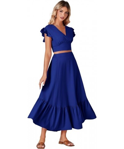 Women's Boho 2 Piece Outfits Polka Dots V Neck Crop Top and Elastic Waist Skirt Sets Solid Royal Blue $23.39 Suits