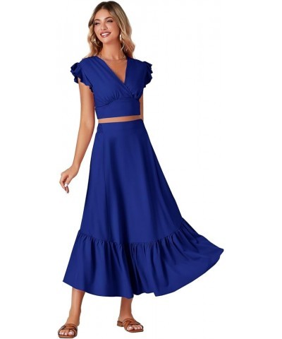 Women's Boho 2 Piece Outfits Polka Dots V Neck Crop Top and Elastic Waist Skirt Sets Solid Royal Blue $23.39 Suits