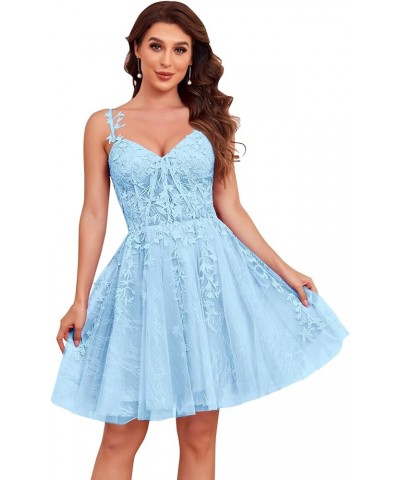 Spaghetti Strap Lace Short Homecoming Dresses for Teens Tulle Short Prom Dresses Cocktail Gowns Light Blue $36.00 Dresses